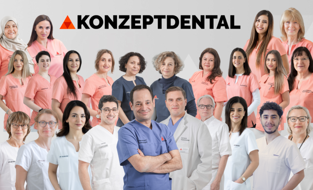 Gruppe von Zahnärzten und Assistenten bei Konzeptdental, lächelnd in Praxisuniformen.