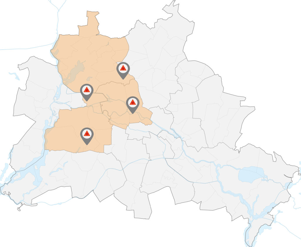 Zahnkliniken in markierten Bezirken auf Stadtkarte, Standorte hervorgehoben.