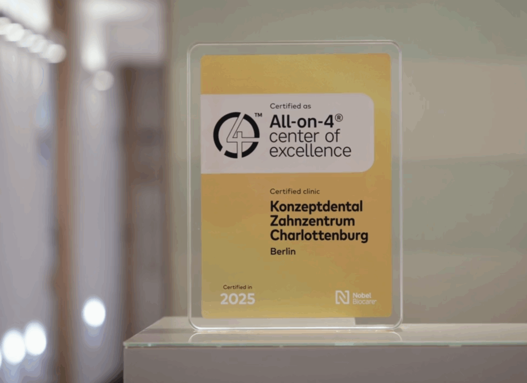 Zertifikat für Zahnarztpraxis Konzeptdental, Charlottenburg, als All-on-4 Center ausgezeichnet.